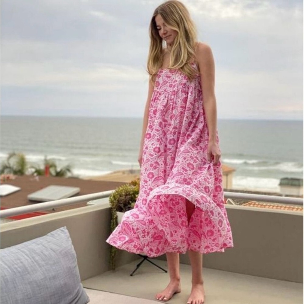 Everbloom Pink Paisley Floral Print Tank Maxi Dress Size S Ruffle Tier Babydoll